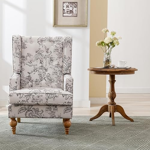 Miniatura 7 de Silla decorativa Mid-Century con brazo tapizado, silla auxiliar de tela de lino con respaldo alto, patas de madera maciza, cómoda silla de lectura