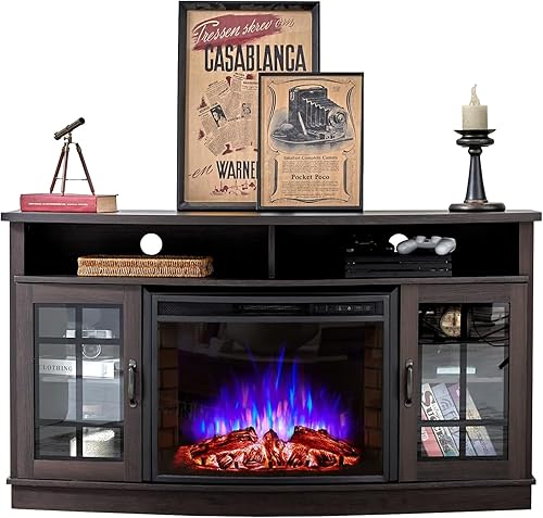 Miniatura 9 de AMERLIFE Soporte curvado para TV con chimenea eléctrica curvada de 26 pulgadas, centro de entretenimiento multimedia, gabinete de almacenamiento de