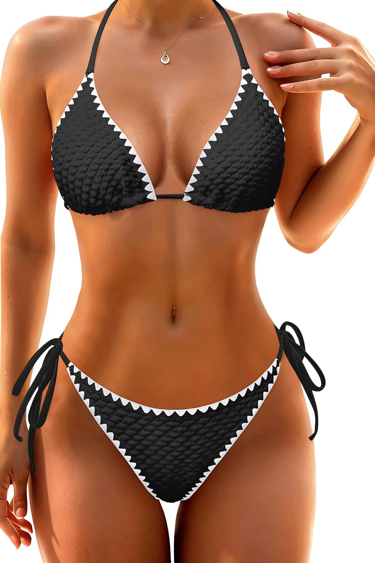 Women Texured Triangle Bikini Set Halter Two Piece String Sexy Swimsuit contrast trim,tie side,high cut,cheeky,adjustable straps,removable pads