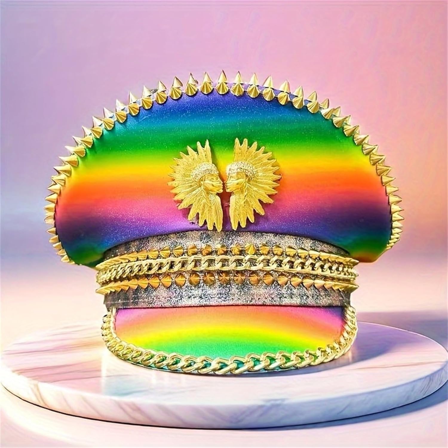 Rainbow Pattern Bucket Hat with Decorative Rhinestones Rivets for Big Head Size Ensuring Comfortable Wear Festival Hat