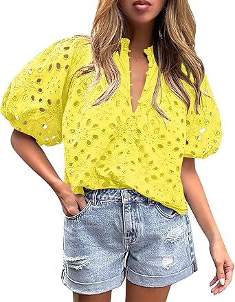 BETTE BOUTIK Women's Long Short Sleeve Tops 2025 Dressy Casual Button Hollow Out Lace Embroidered Blouses Shirts