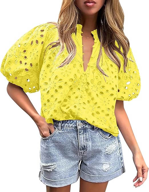 BETTE BOUTIK Women's Long Short Sleeve Tops 2025 Dressy Casual Button Hollow Out Lace Embroidered Blouses Shirts
