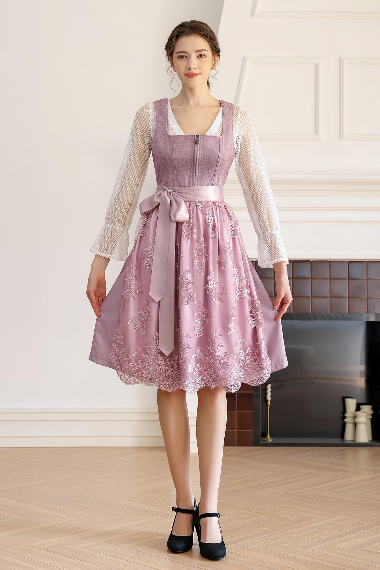 EIISSION Dirndl Damen Trachtenkleid Dirndlkleid midi Tracht Damen Lang Rosa 3 Teilig mit Trachtenrock Langärmel Dirndlbluse Schürze Trachtenmode Trachten Kleid für Oktoberfest