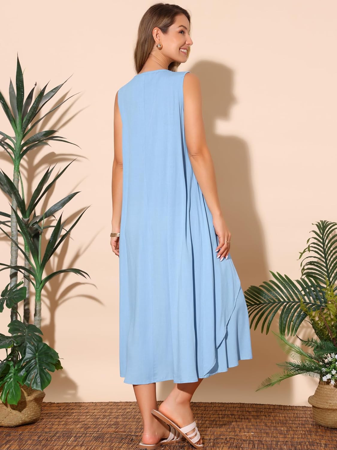 Seta T Women's Summer Ruffle Dresses Sleeveless V Neck Pleated Flowy Maxi Dress - Image 6