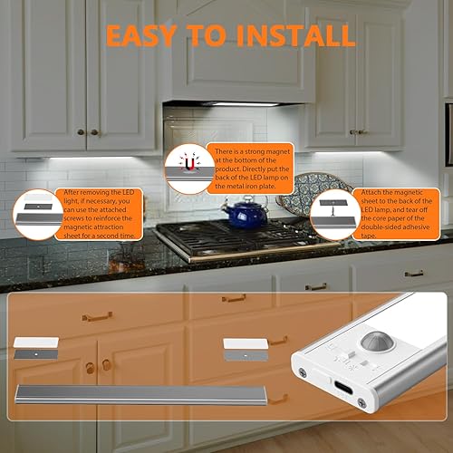 Miniatura 8 de Luz de gabinete con sensor de movimiento, paquete de 2 luces LED inalámbricas recargables por USB para debajo del gabinete, armario, armario,