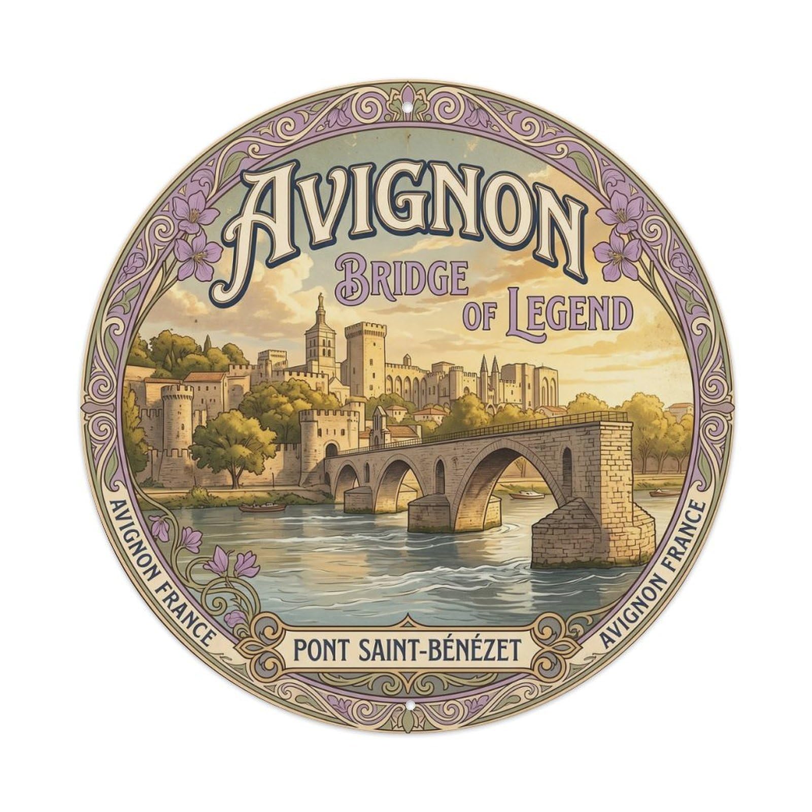 Cmhok Vintage Style-8 Vintage Travel Avignon France Bridge Artwork Metal Tin Sign Plaque Wall Decor For Cafe, Club, Garden Round Metal Poster 8X8inch