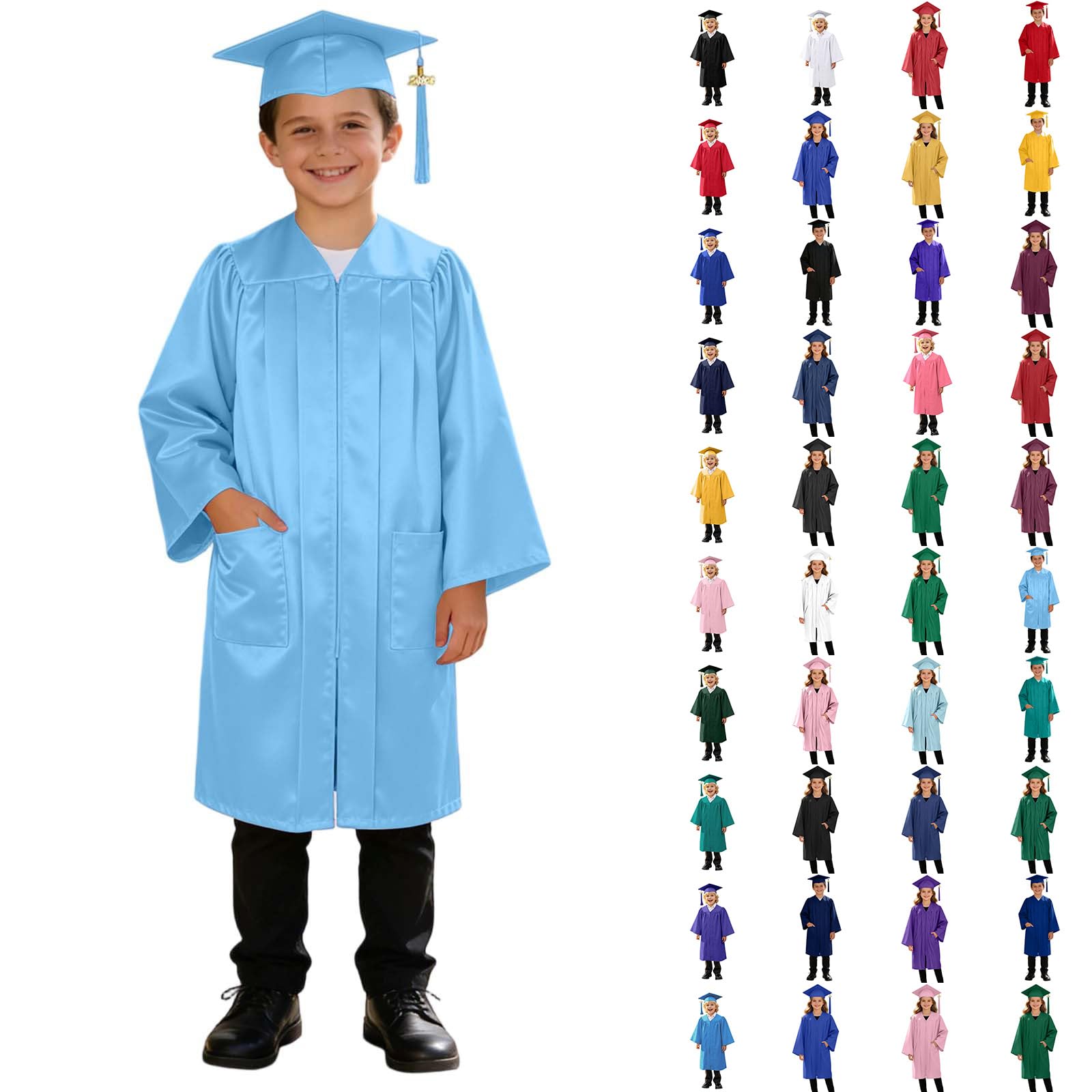 3 Piece Graduation Set for Kids, Gown, Cap, Gold 2026 Tassel, Unisex Boys Girls Preschool Kindergarten Primary School Graduation Gown and Cap Dress Up Props Costume, 36-Sky Blue
