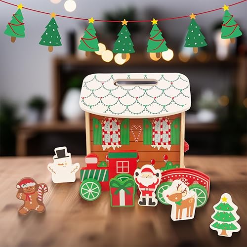 Miniatura 6 de Casa de Papá Noel de madera, figura de granero de Navidad para niños pequeños, juguetes de aprendizaje sensorial y cognitivo, juguetes Montessori