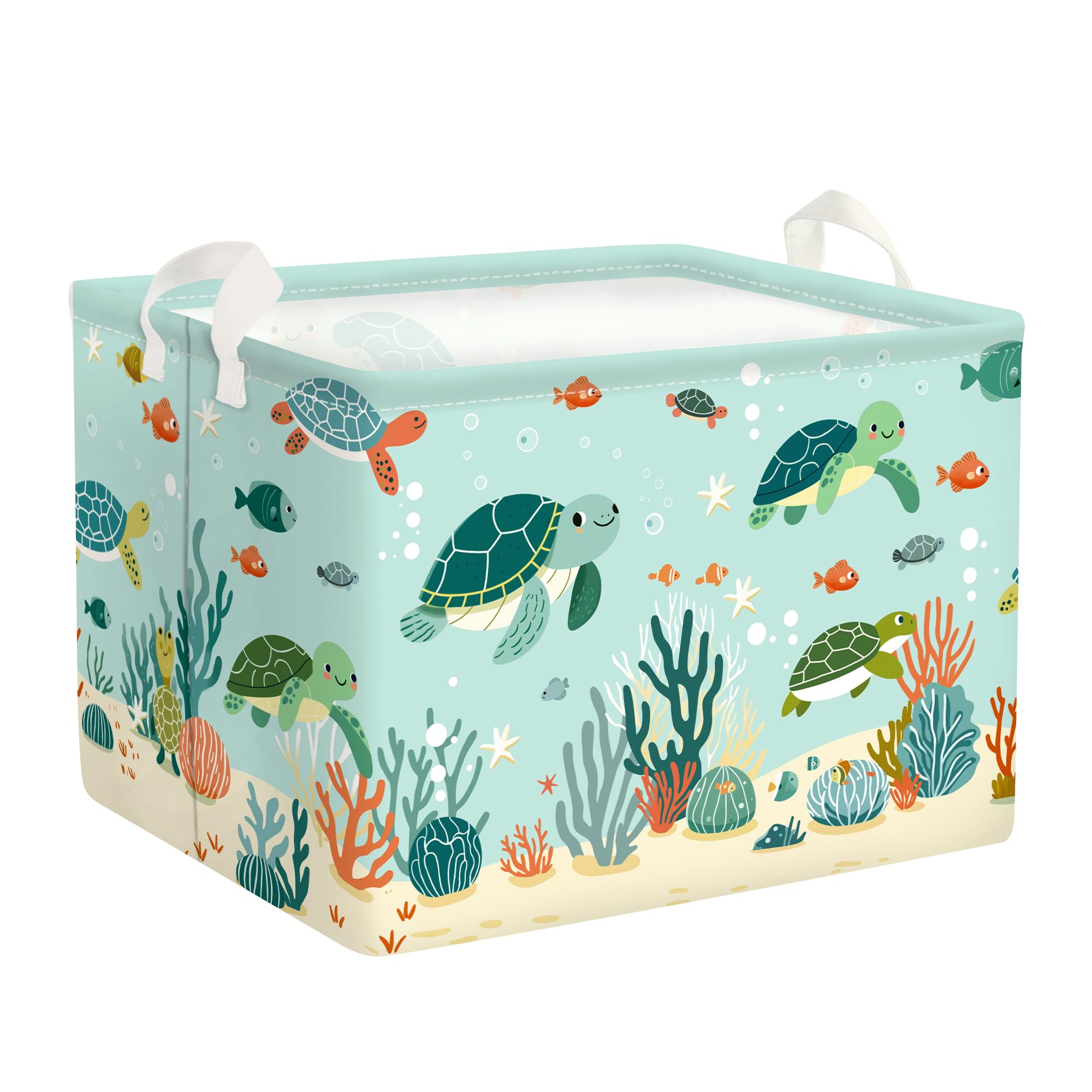HUUMONSS Meeresbewohner Groß Wäschekorb Ozean Stoff Aufbewahrungskorb Kleidung Spielzeug Aufbewahrungsbox für den Heimgebrauch/den Außenbereich, Grün Schildkrötes, 36L