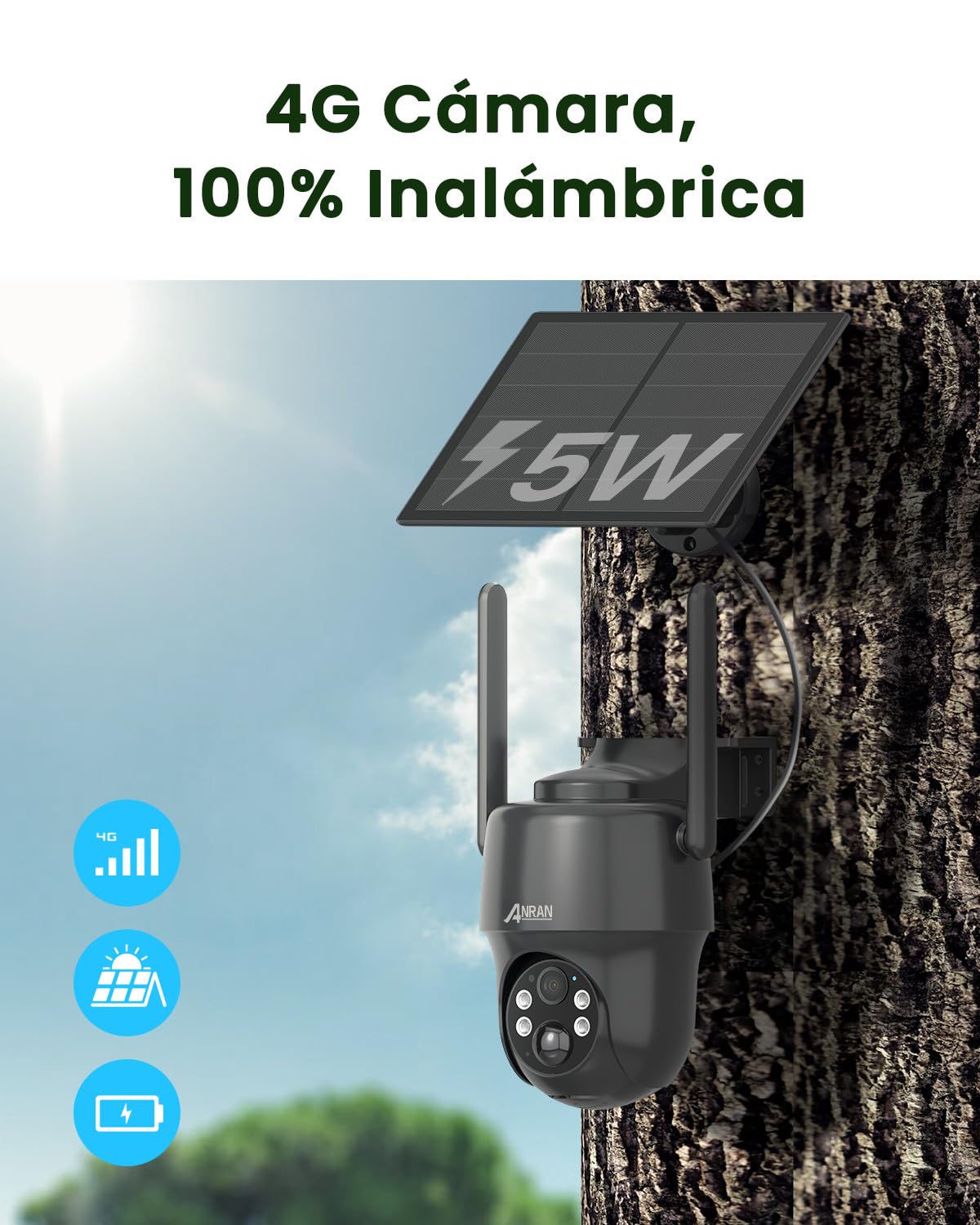 ANRAN 3G/4G LTE 2K Cámara Vigilancia Exterior con SIM | Solar Camara sin Cable con Batería, PTZ 360°, Visión Nocturna, Detección De Movimiento, Audio Bidireccional