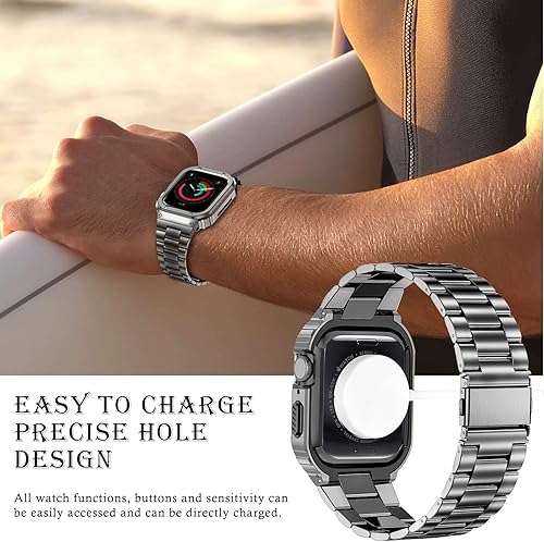 Miniatura 104 de MioHHR Correa y funda de acero inoxidable compatible con Apple Watch Band de 1.772 pulgadas, cubierta protectora de metal para hombres para iWatch