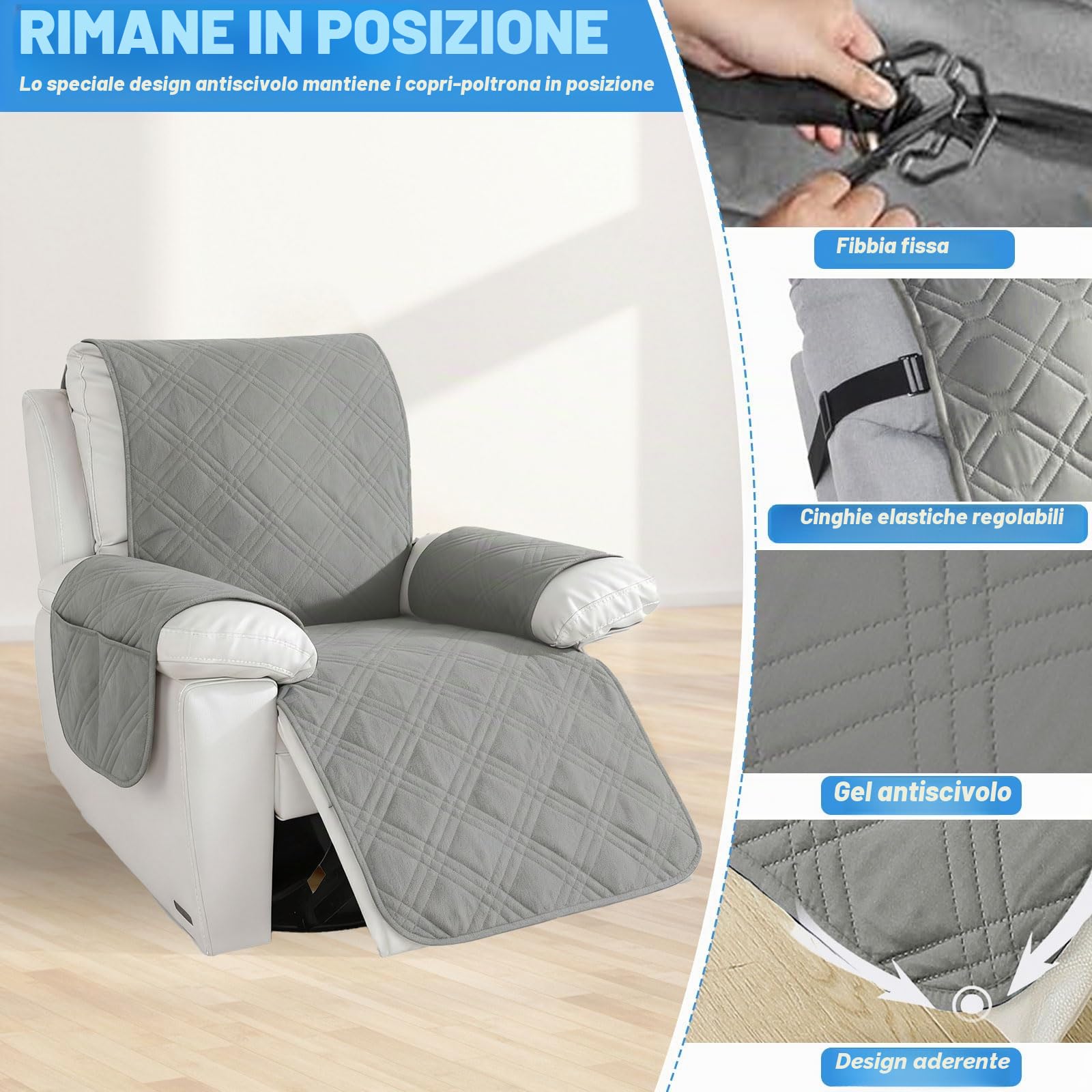 Copripoltrona con tasche, antiscivolo e lavabile, per poltrona relax e poltrone TV, protezione perfetta da peli di animali, macchie e usura (grigio chiaro)