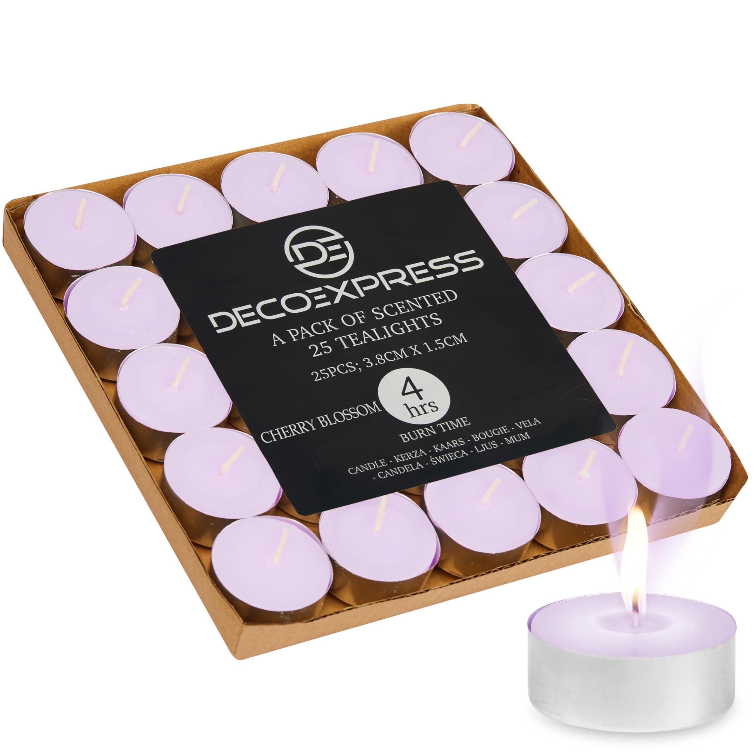 DECO EXPRESS Tealight Candles Multipack of 200, 100, 50, 25 or 24, Burning Time 4, 8 or 10 Hours - Tea Lights Candles (Cherry Blossom 25/4 Hour)