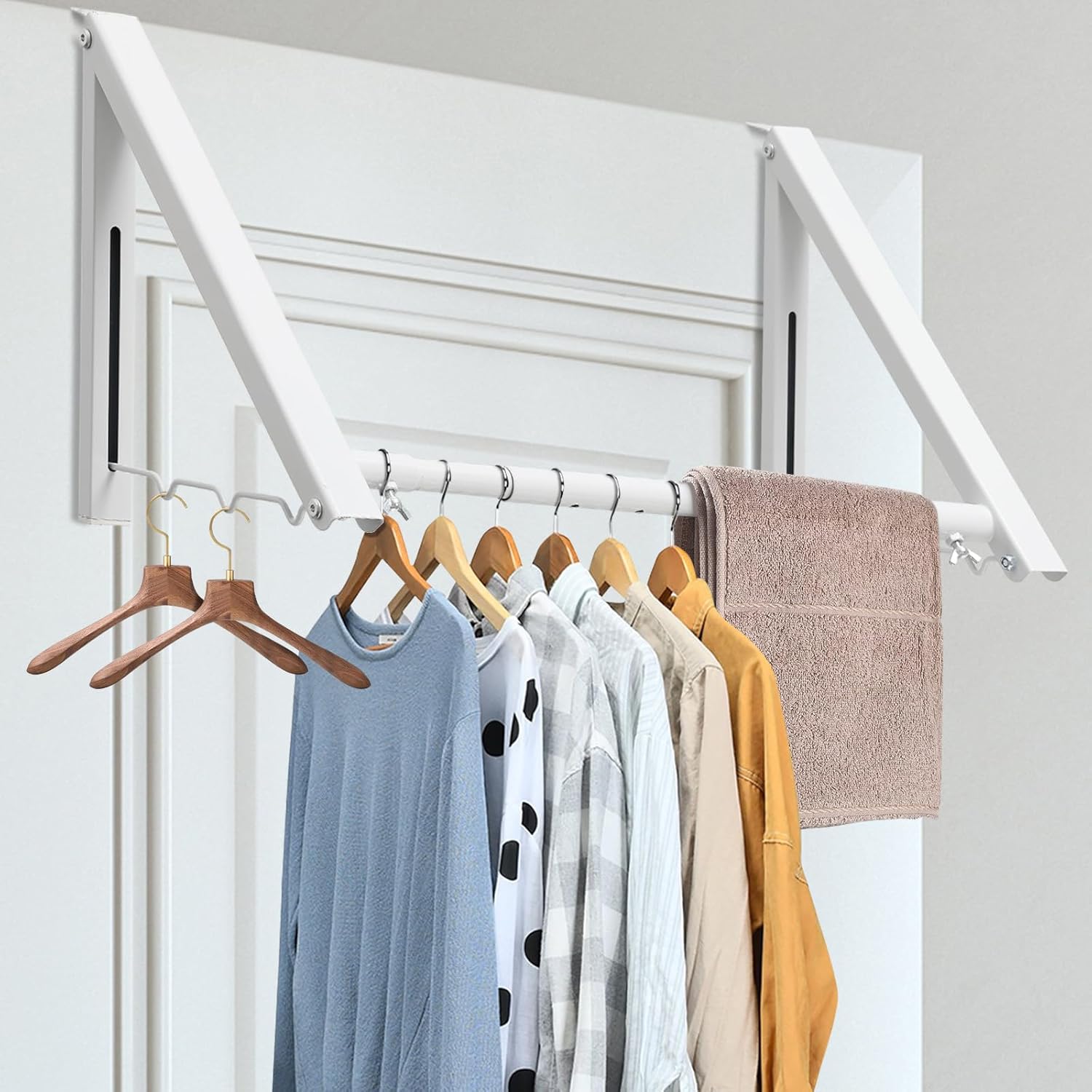 Over The Door Clothes Hanger,1.69 Inch Door Hook for Over The Door Drying Rack,Foldable Retractable Overdoor Hanger Hook for Bathroom,Laundry Room,Apartament and Bedroom White