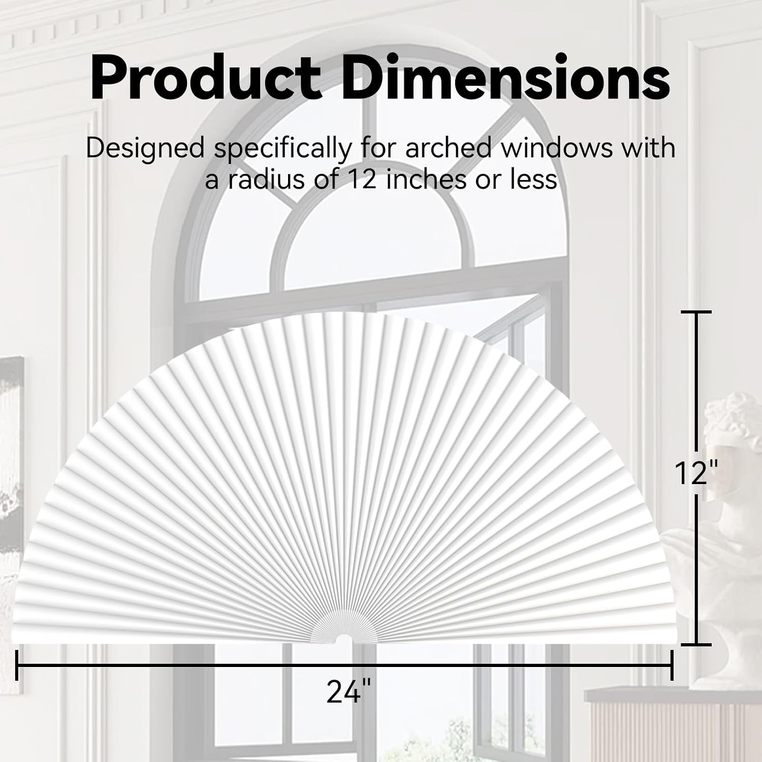 Half Circle Window Shade Arch Window Cellular Blackout Shades Cordless for Half Moon Window Shade no Drill Honeycomb Blackout Blinds Easy to Cut and Install (White 12" x 24")