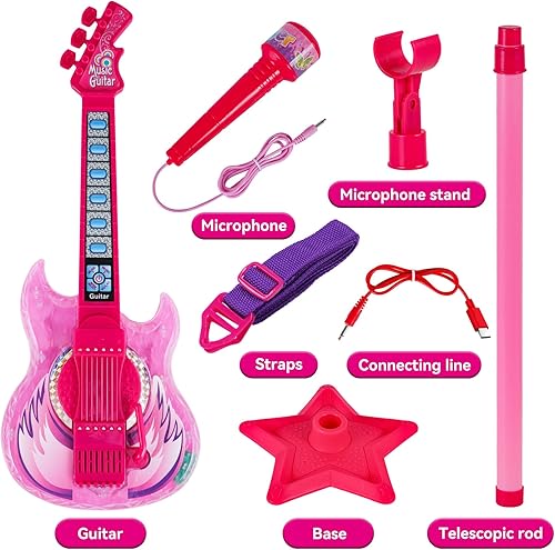 Miniatura 4 de Milk Frog Juguetes de guitarra para niñas, juego de guitarra y micrófono con gafas, máquina de karaoke con música y luz, instrumentos musicales,