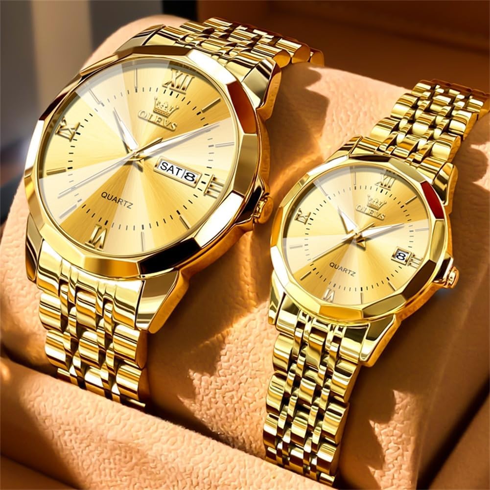 OLEVS Watches for Couple Luxury Fashion His and Hers Stainless Steel Calendar Date 3ATM Waterproof Luminous Wrist Watch for Men Women Lovers Wedding Dating Romantic Gift Set of 2