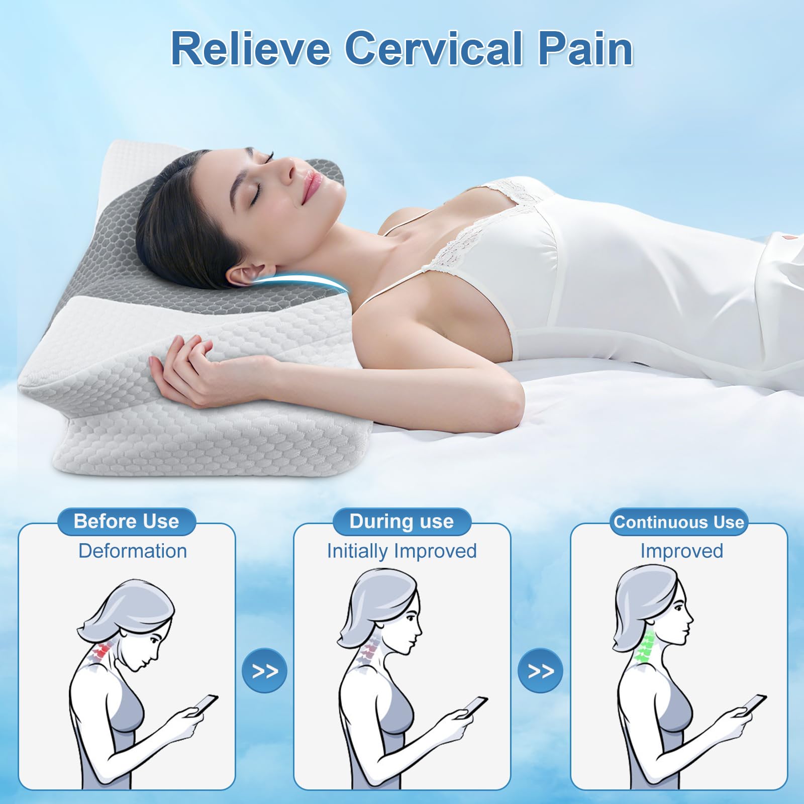SAHEYER Almohada Cervical 2en1 Espuma Viscoelástica, Gris, 60x35,5x13/11cm | Almohada Ergonómica Mariposa para Dormir de Lado, Boca Arriba y Boca Abajo, Soporte de Cabeza/Cuello/Hombro