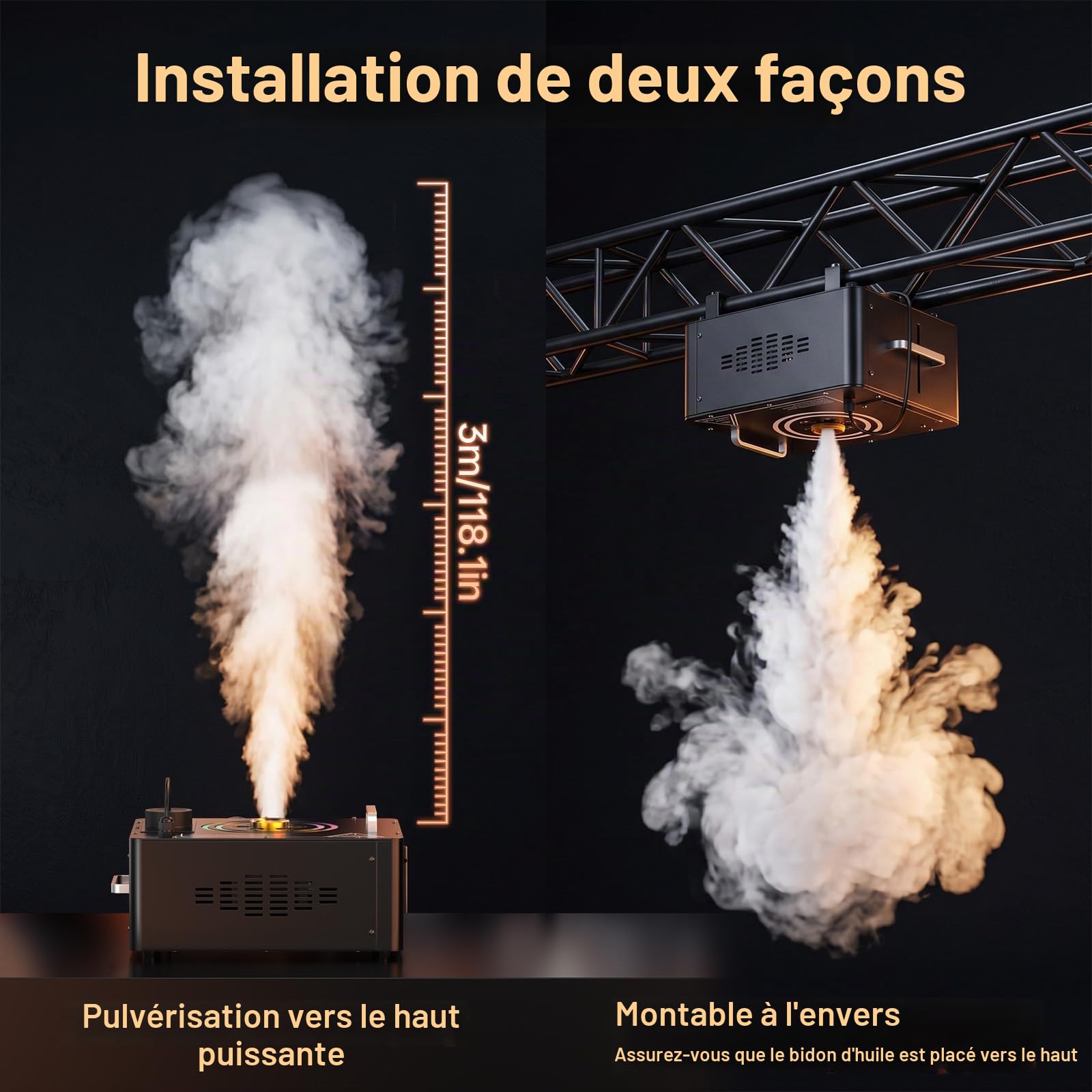 1500W Machine à Fumée avec Télécommande, Wash 6 RGB LED Effets Lumineux Stroboscopiques 3 000 CFM/min Machine à Brouillard Portable DMX512 pour Halloween Mariages Scènes Fêtes
