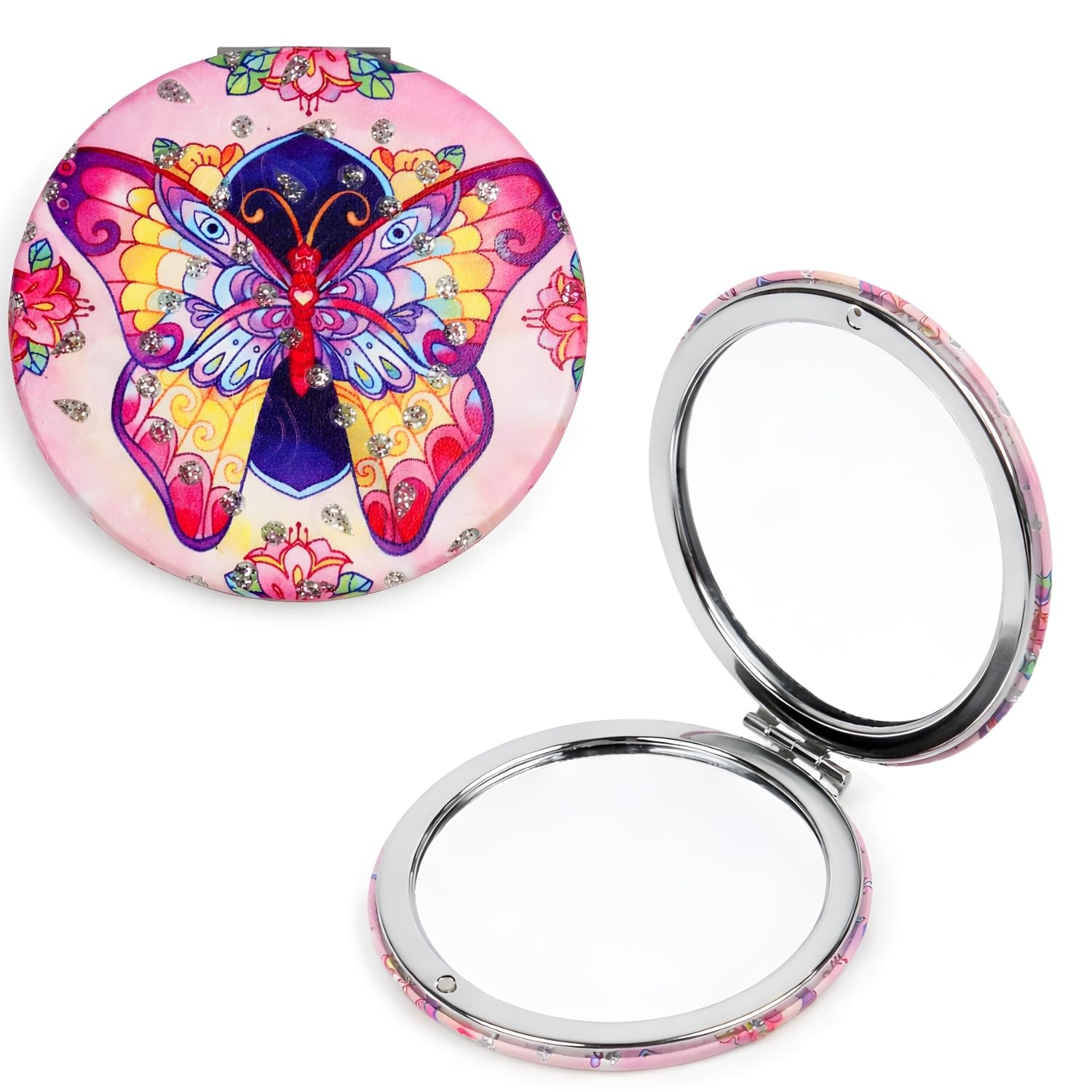 1 Pcs Colorful Butterfly Double Sided Compact Mirror with Rhinestones Pocket Mirror for Women & Girls Hand Mirror for Makeup - Foldable, Portable, Travel Friendly Purse Mirror-image-23