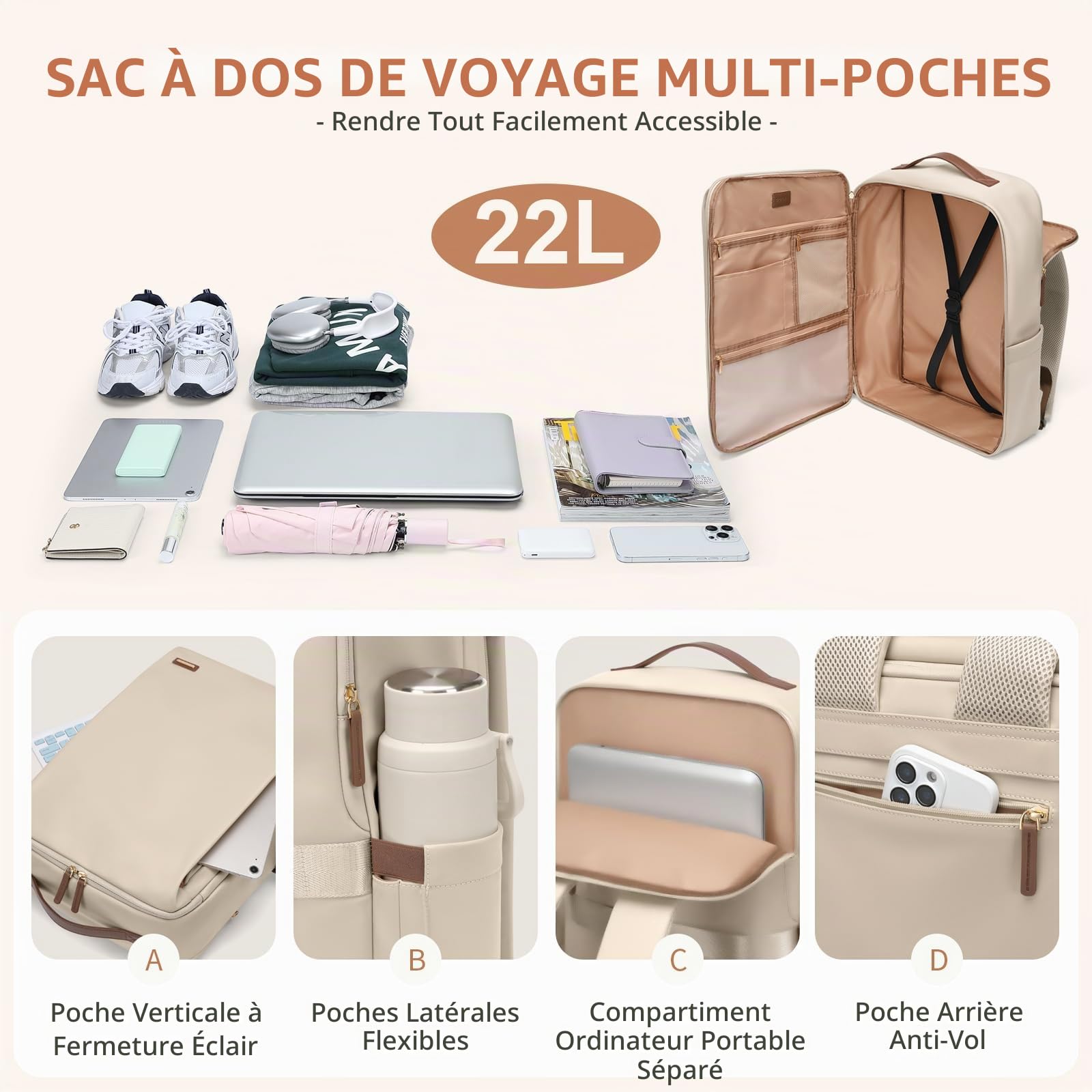 GOLF SUPAGS Sac à Dos élégant Pour Ordinateur Portable Pour Femme, Approuvé Par Les Compagnies Aériennes, Voyage, Travail, école, Sac à Dos Décontracté Pour Ordinateur Portable de 17,3 Pouces