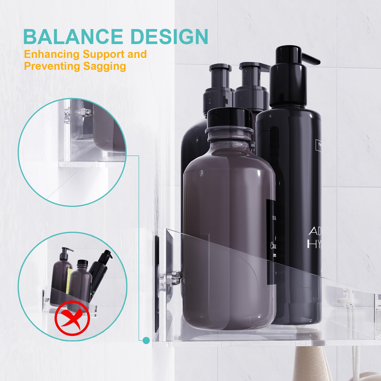 Bakzon Adhesive Shower Caddy, 5 Pack Acrylic Shower Shelves Bath Organizers With Large Capacity, No Drilling Shelves for Bathroom Storage & Home Decor