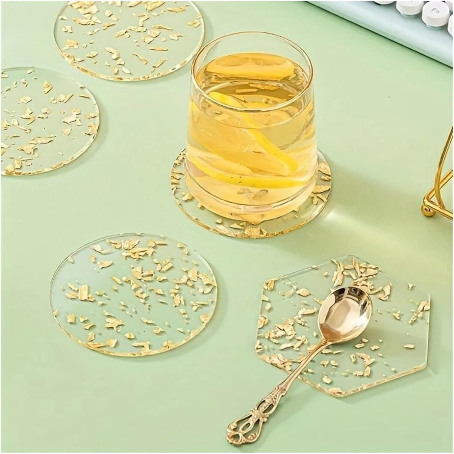 Confetti Decor Round Clear Acrylic Coaster, 6pcs Tea Cup Mat, Decorative for Home Kitchen Dining Room