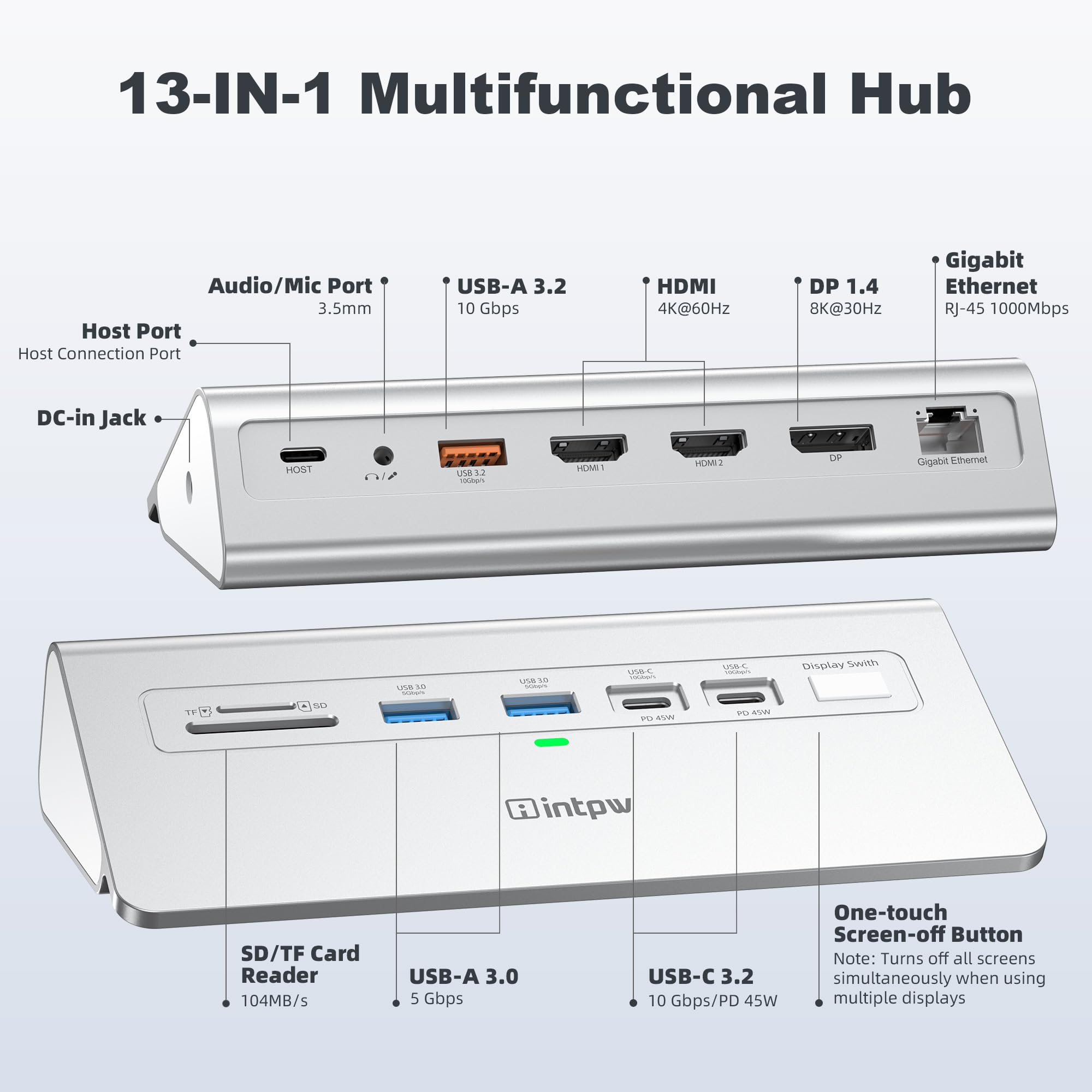 Docking station USB C 3 monitor, intpw 13 in 1 dock con doppia HDMI 4K60Hz, 8K DP, 10Gbps USB A/C, 45W PD, Gigabit Ethernet, SD/TF, audio, microfono, adattatore di alimentazione da 65 W + cavo da 3,9
