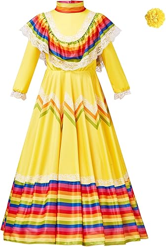 RAINDEWLL Vestido tradicional mexicano para niñas, disfraz de Cinco de Mayo, vestido folklórico de fiesta