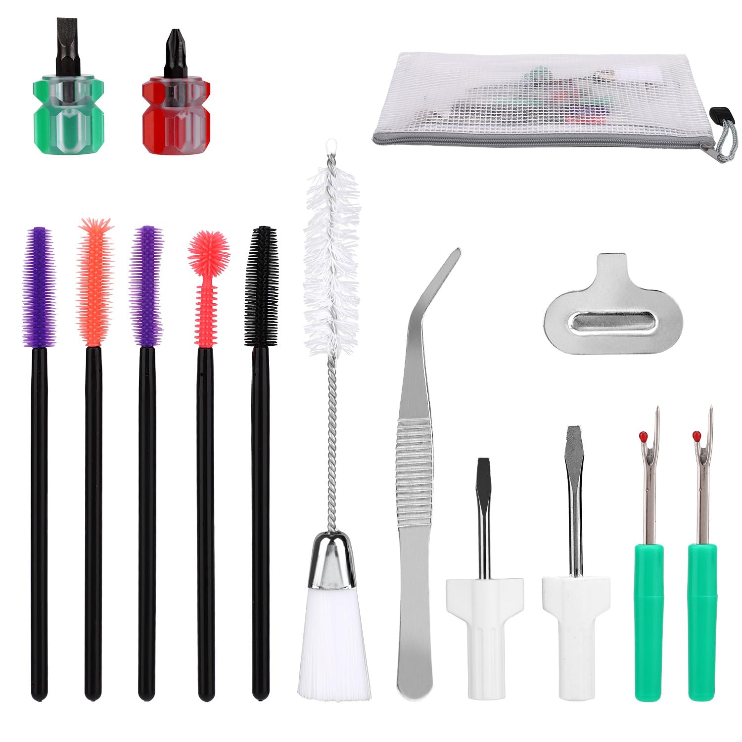15pcs Sewing Machine Cleaning Kit, Sewing Machine Crevice Cleaning Tools Including Dual-Head Brush Silicone Tip Brush Screwdriver Tweezers Seam Ripper Screwdriver Storage Bag