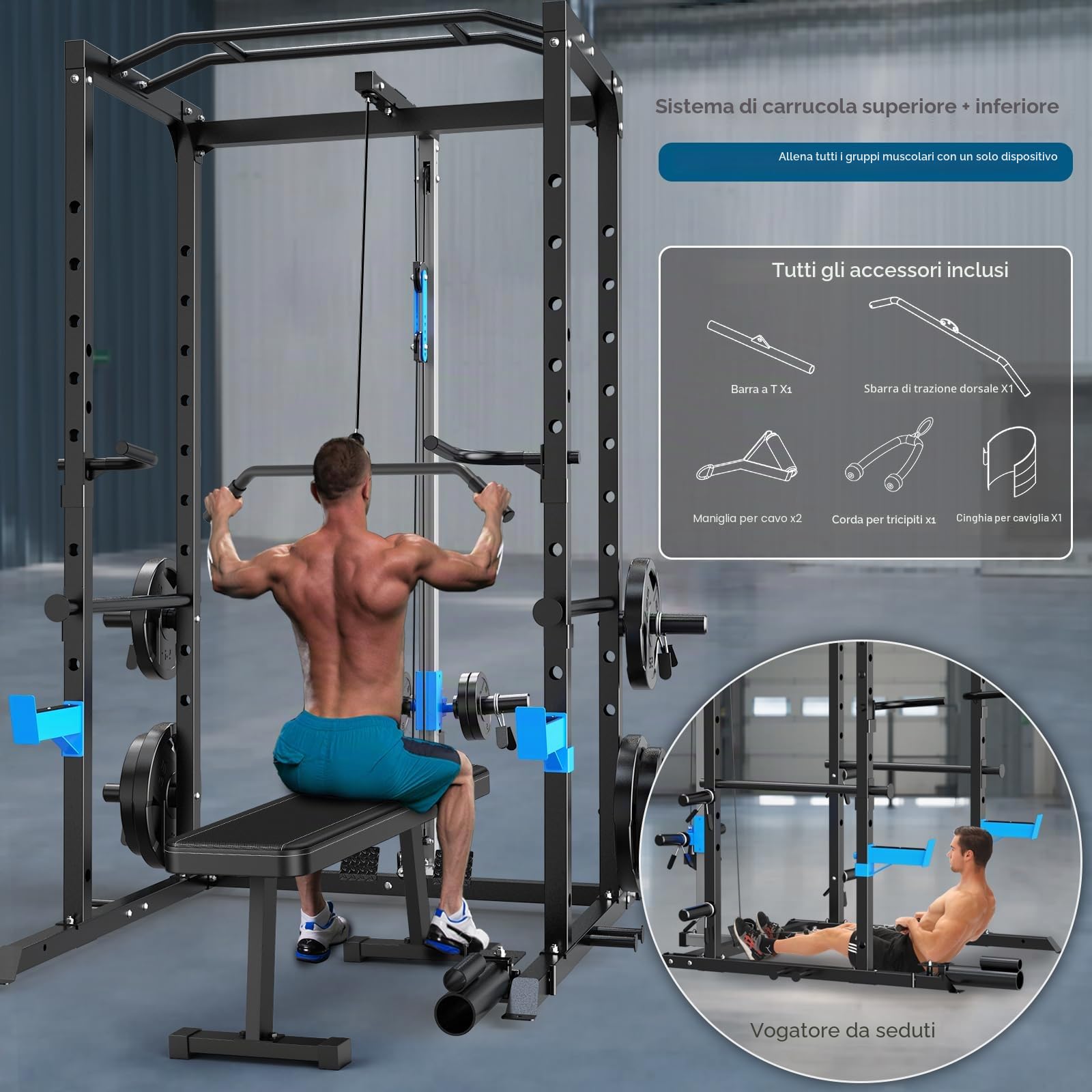WINNOW Power Cage - Power Rack multifunzione con ganci a J, maniglie per immersioni, attacco per mine antiuomo e sistema di puleggia per cavi opzionale, per palestra domestica