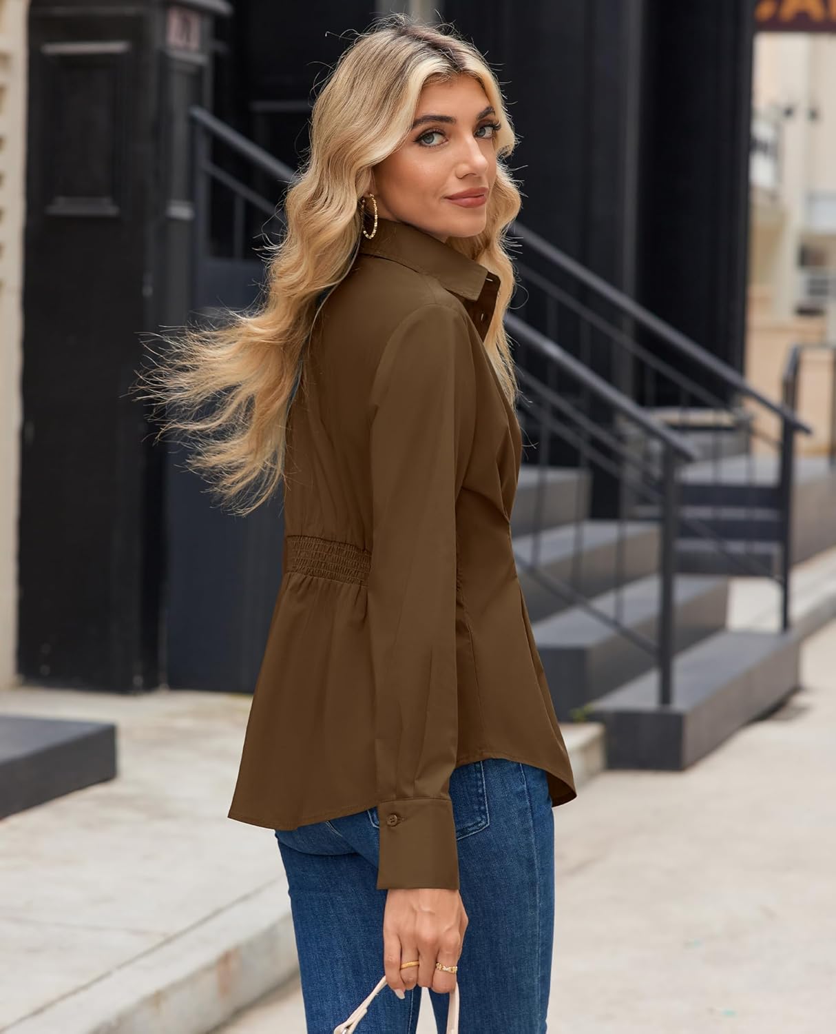 siliteelon Button Down Shirts for Women Cinched Waist Dress Shirt Cotton Long Sleeve Business Casual Work Office Blouse - Image 3