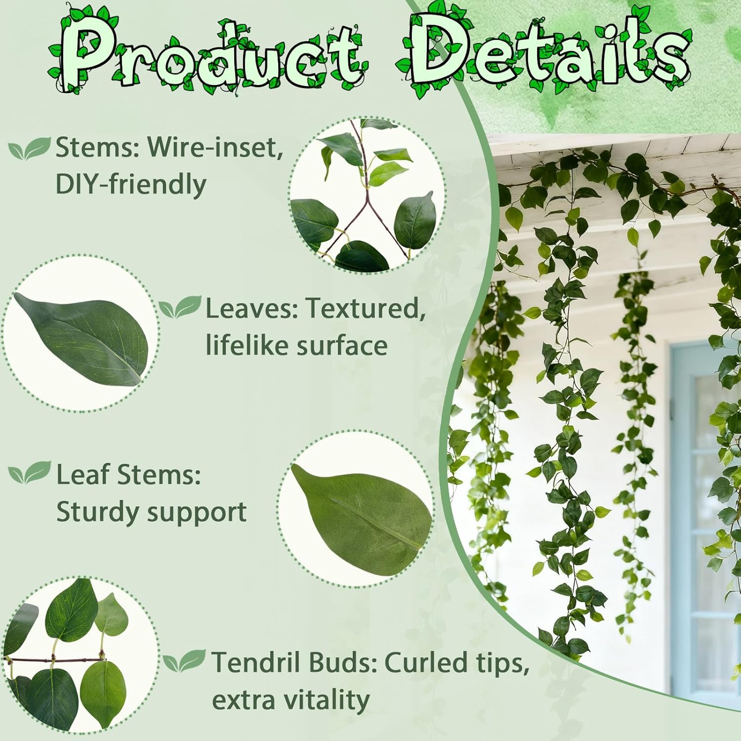 ucky 4Pack Total 24FT Green Fake Vines Ivy Leaves Vines for Bedroom Greenery Garland Fake Leaves Leaf Wall Decor Faux Hanging Vines Plants Outdoor Garland