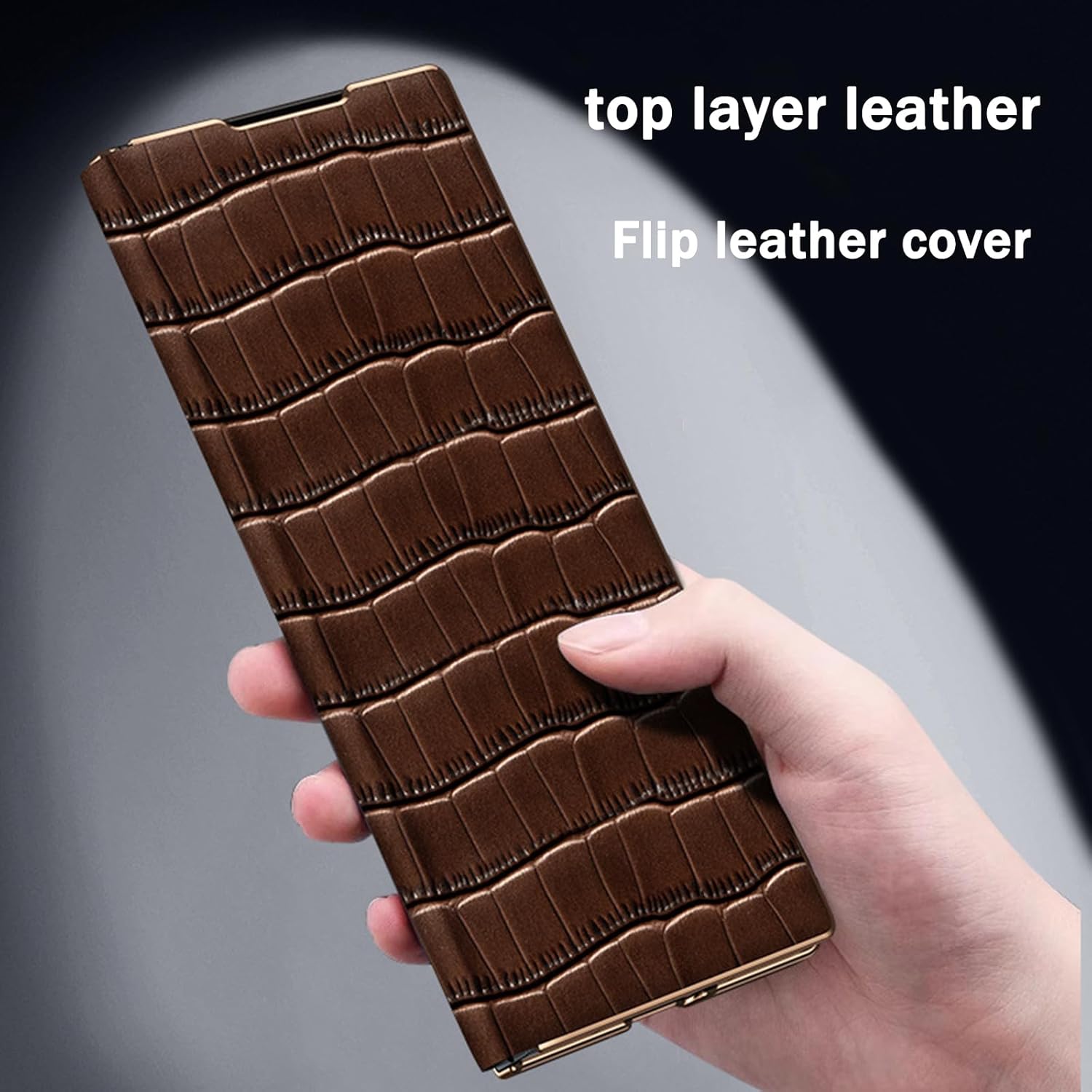 forSamsung Galaxy Z Fold 6用ケース、高級本革メッキカバークロコダイルパターンフリップフルコバレッジ本物の牛