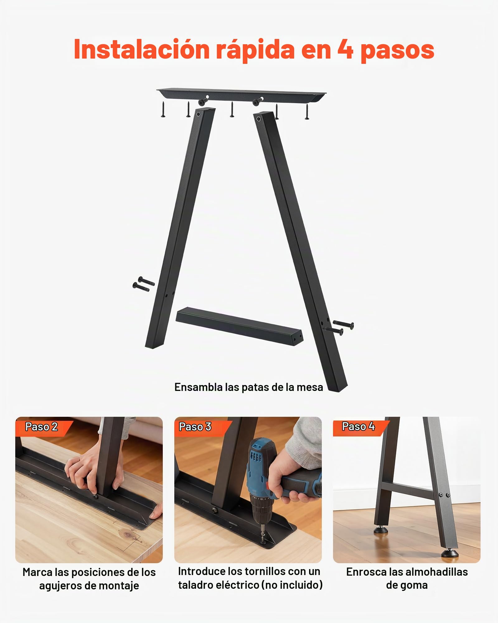 VEVOR Patas de Mesa en Forma de Trapecio, de Acero al Carbono, 750 x 550 mm, Capacidad Máxima 1000 kg, Juego de 2 Patas con Kit de Herrajes para Muebles, Escritorio, Mesa de Bar y Banco de Trabajo