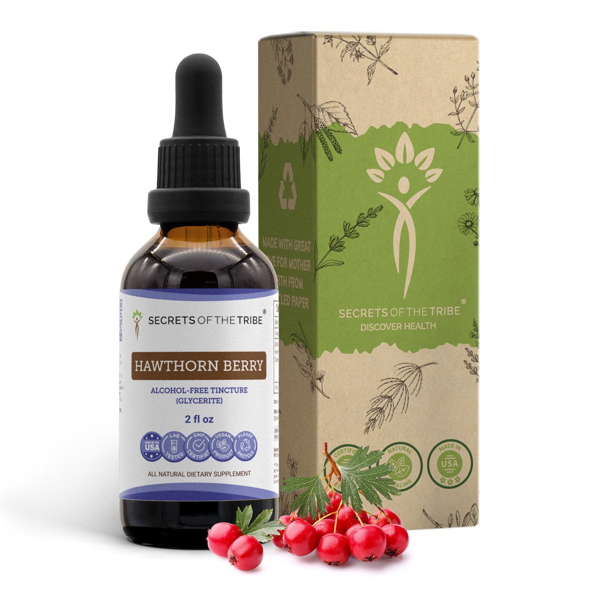 Secrets of the Tribe Hawthorn Berry Tincture Alcohol-Free Extract, Hawthorn Berry (Crataegus spp.) Dried Berry 2 oz 2 Fl Oz (Pack of 1)