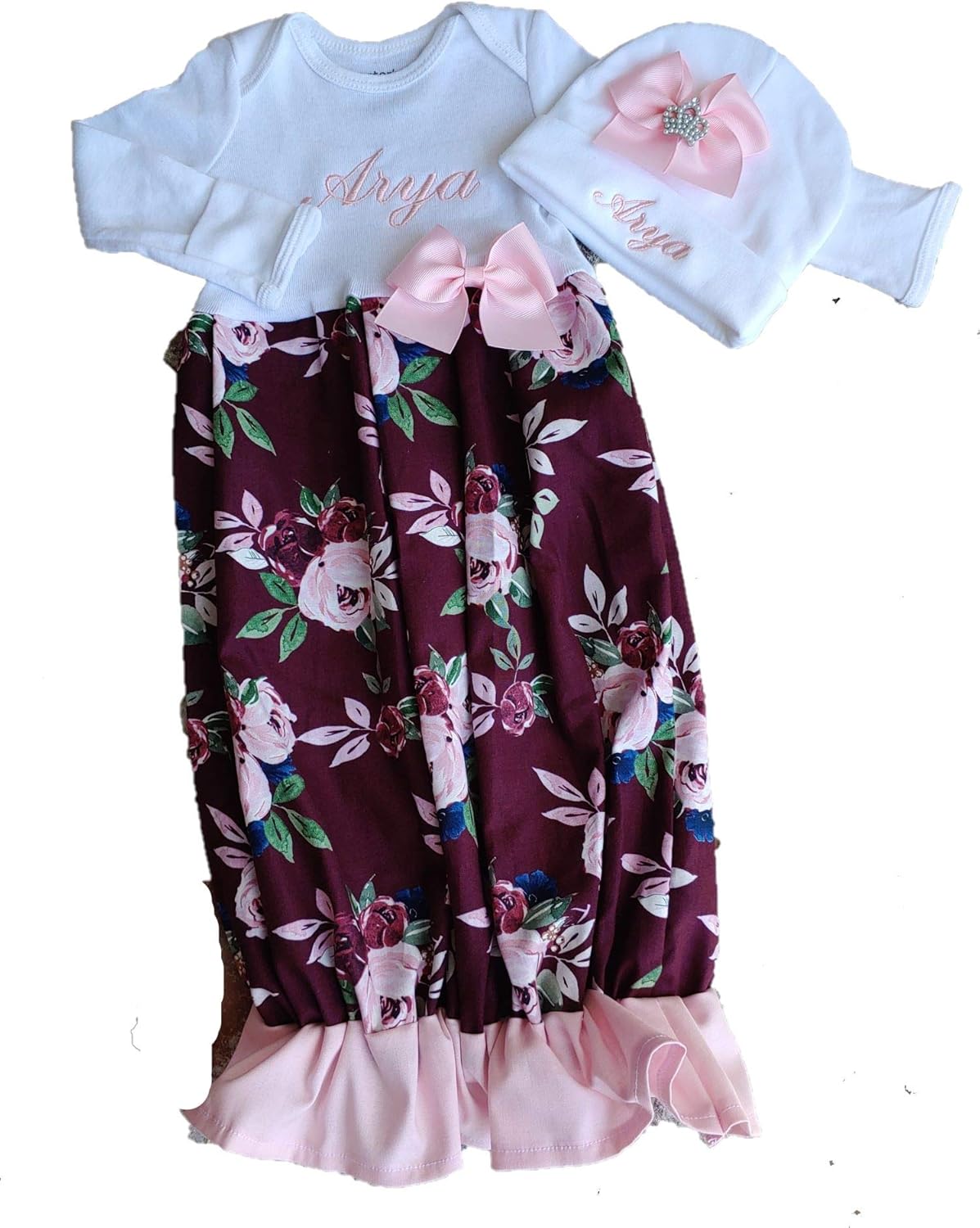 Newborn Baby Girl Coming Home Outfit Personalized Floral Layette Gown with Beanie Pink - Image 3