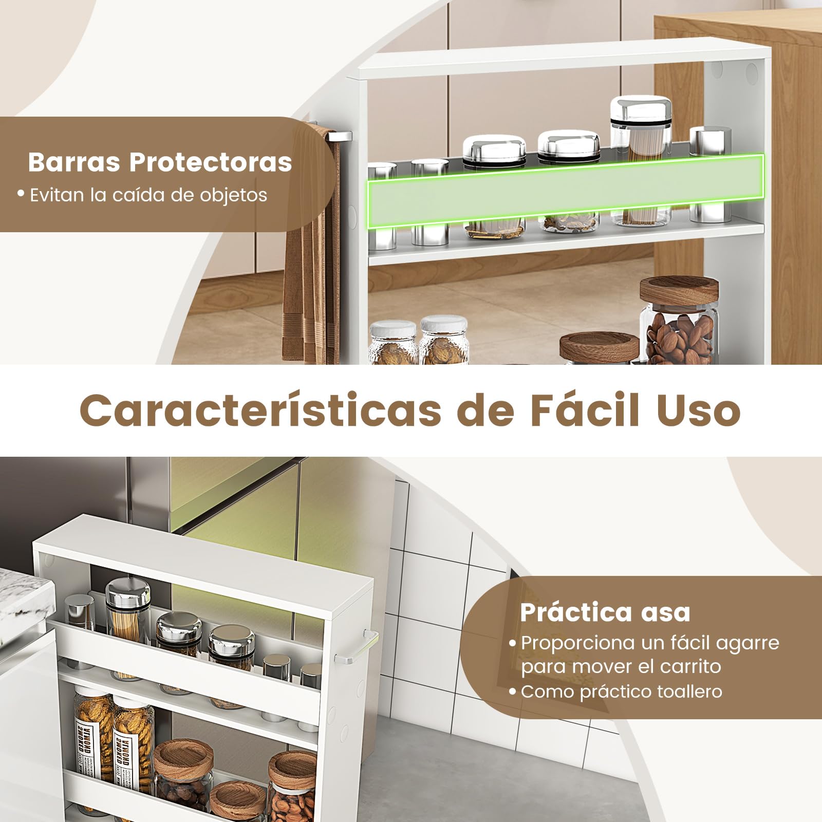 COSTWAY Carro de Almacenamiento Estrecho de 4 Niveles, Carrito Auxiliar con Ruedas, 4 Estantes, Barandillas Anticaídas y Asa, Ahorra Espacio, Carrito para Cocina, Baño, 47,5x13x80,5 cm, Blanco