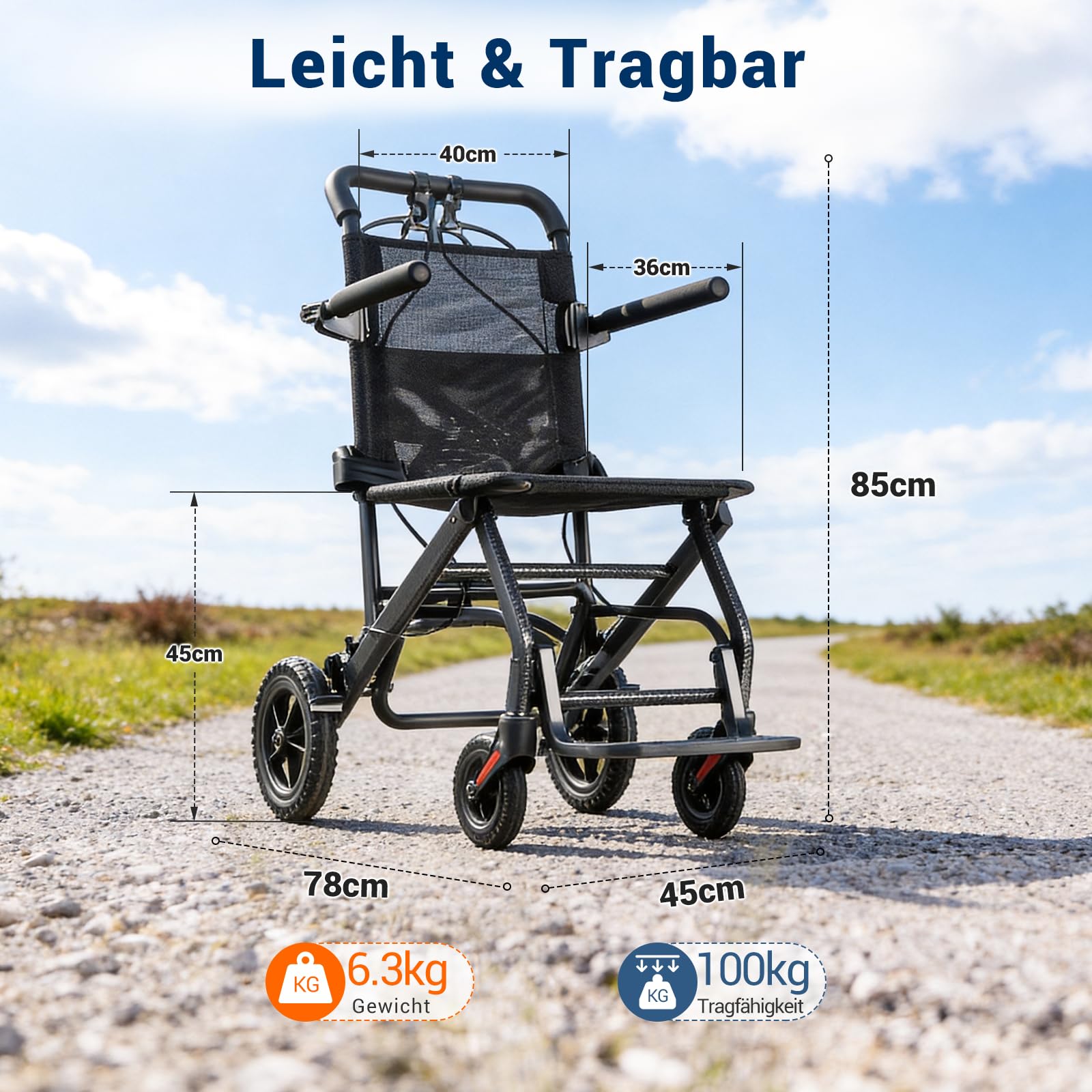 Care Parents rollstuhl Faltbar Ultra-Leicht (6,3kg),40cm Sitzbreite,Aluminium Reiserollstuhl,Kompakt für Flugzeug & Auto,Armlehnen Hochklappbar,Transportrollstuhl Schmal für Wohnung,bis 100kg(CP-A188)