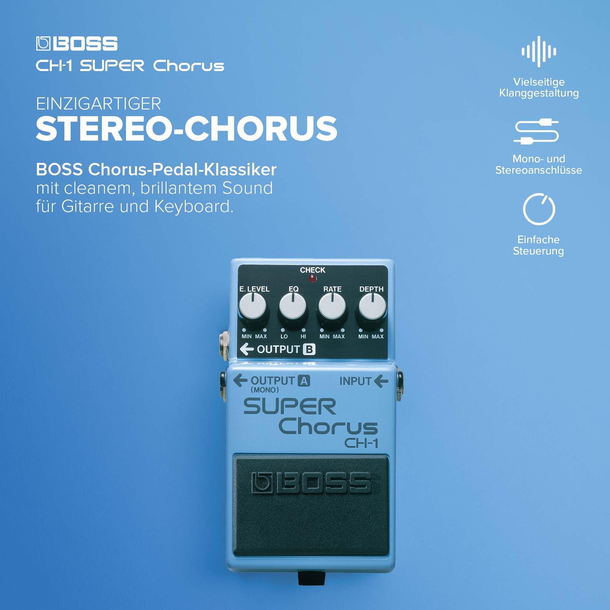 BOSS CH-1 SUPER Chorus | Kompakter Effektpedal-Klassiker | Kristallklarer Sound für Gitarre & Keyboard | Vielseitige Klanggestaltung | Mono- & Stereoanschlüsse | Einfache Bedienung
