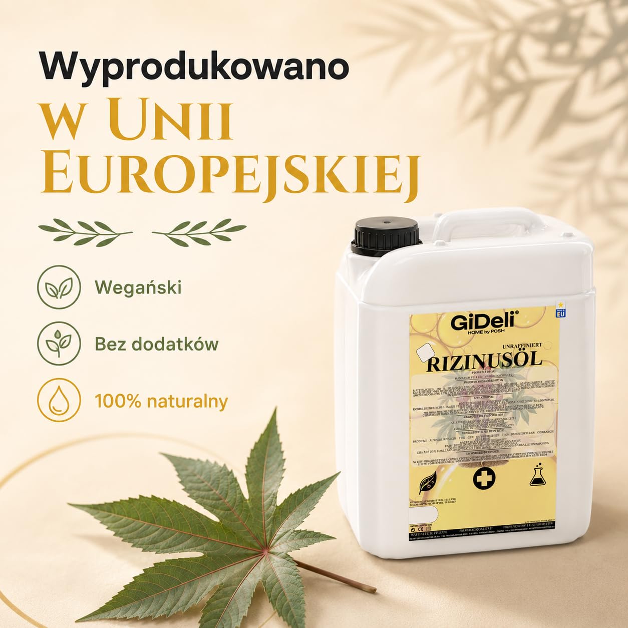 GiDeli Olej rycynowy tłoczony na zimno 10 l – czysty olej rycynowy w Ph. Eur. Jakość do włosów, rzęs i skóry – nierafinowany olejek pielęgnacyjny jako baza do kosmetyków naturalnych DIY – nie zawiera