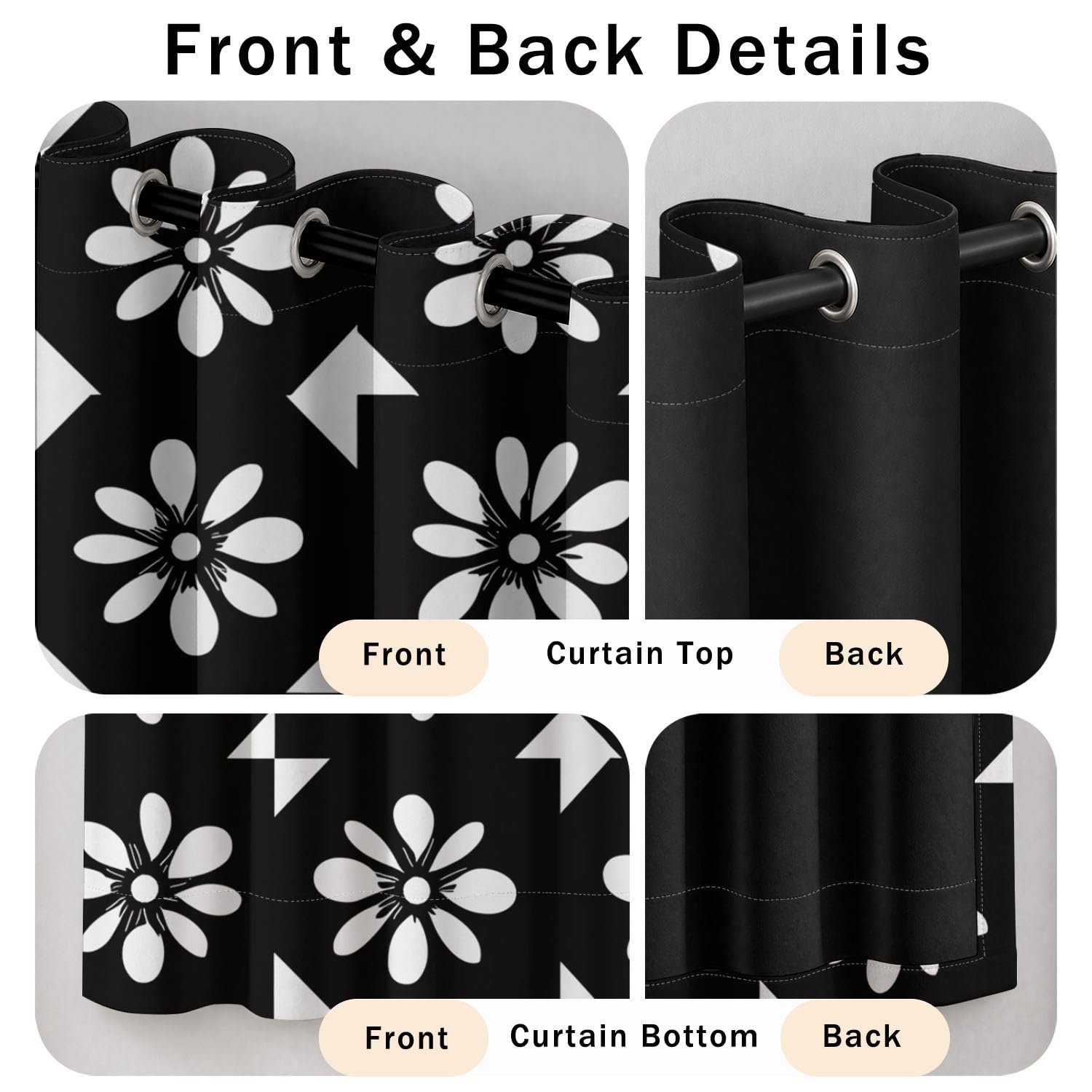 Generisch Schwarze siebenblättrige Blumen, Weiße Blumen Vorhänge Blickdicht 215 x 140 cm | Gardinen 2er Set - Retro-Trend, Nahtloses Schachbrettmuster - Verdunkelungsvorhänge für Hauptschlafzimmer