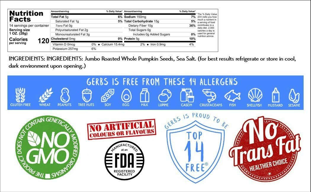 GERBS Lightly Sea Salted Jumbo Whole Pumpkin Seeds, 14 ounce Bag, Roasted, Top 14 Food Allergy Free, Non GMO, Vegan, Keto, Paleo Friendly
