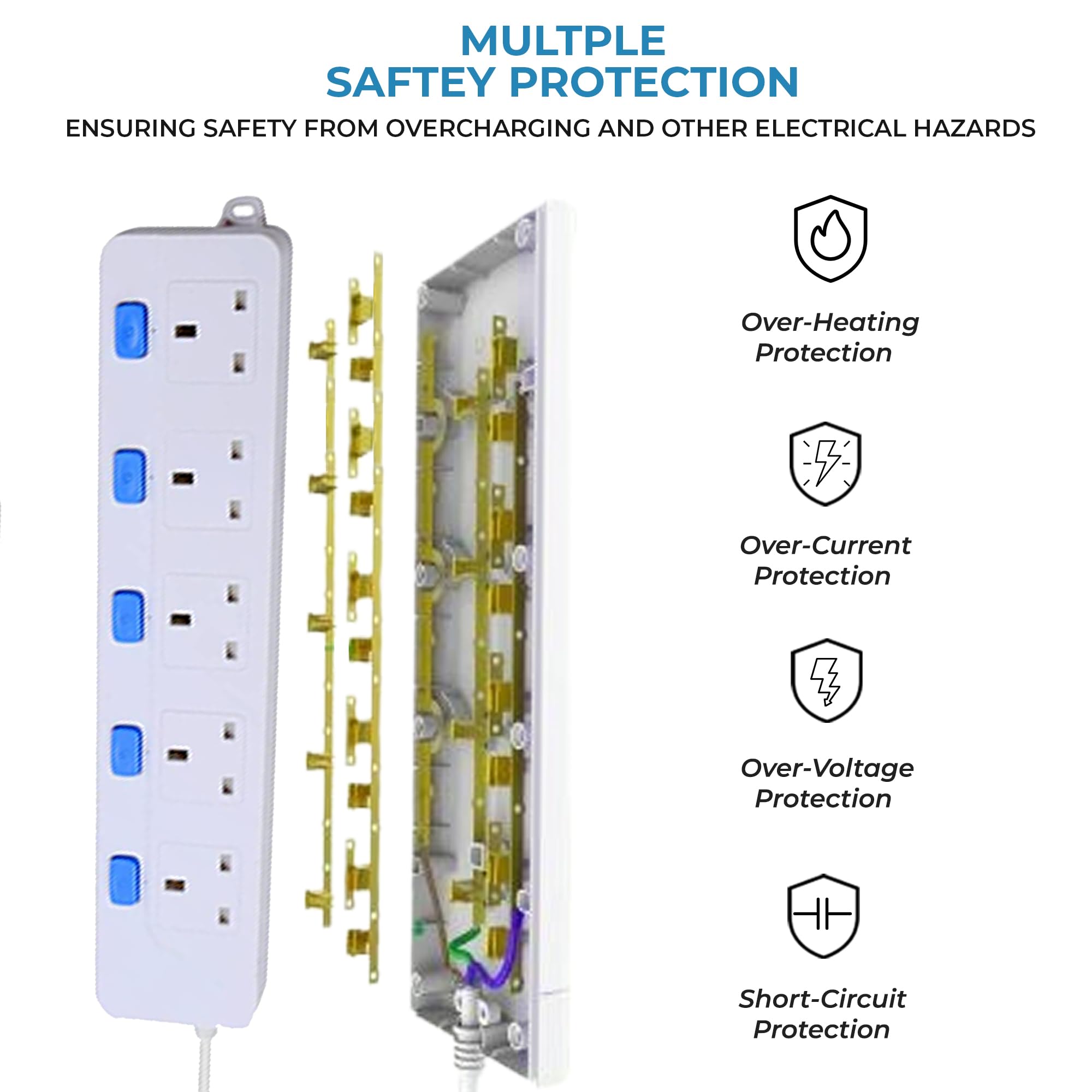 Extension Lead with 5 Universal Socket, White - Image 2