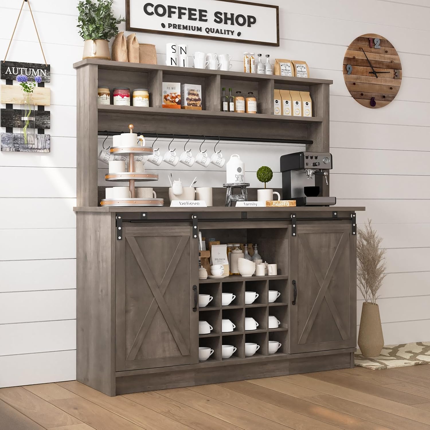 4ever2buy Farmhouse Coffee Bar Cabinet with 4 Storage Hutch, 55”Coffee Bar with Sliding Barn Doors, Hutch Cabinet with 12 Wine Racks & 8 Hooks for Dining Room, Kitchen, Wash Grey