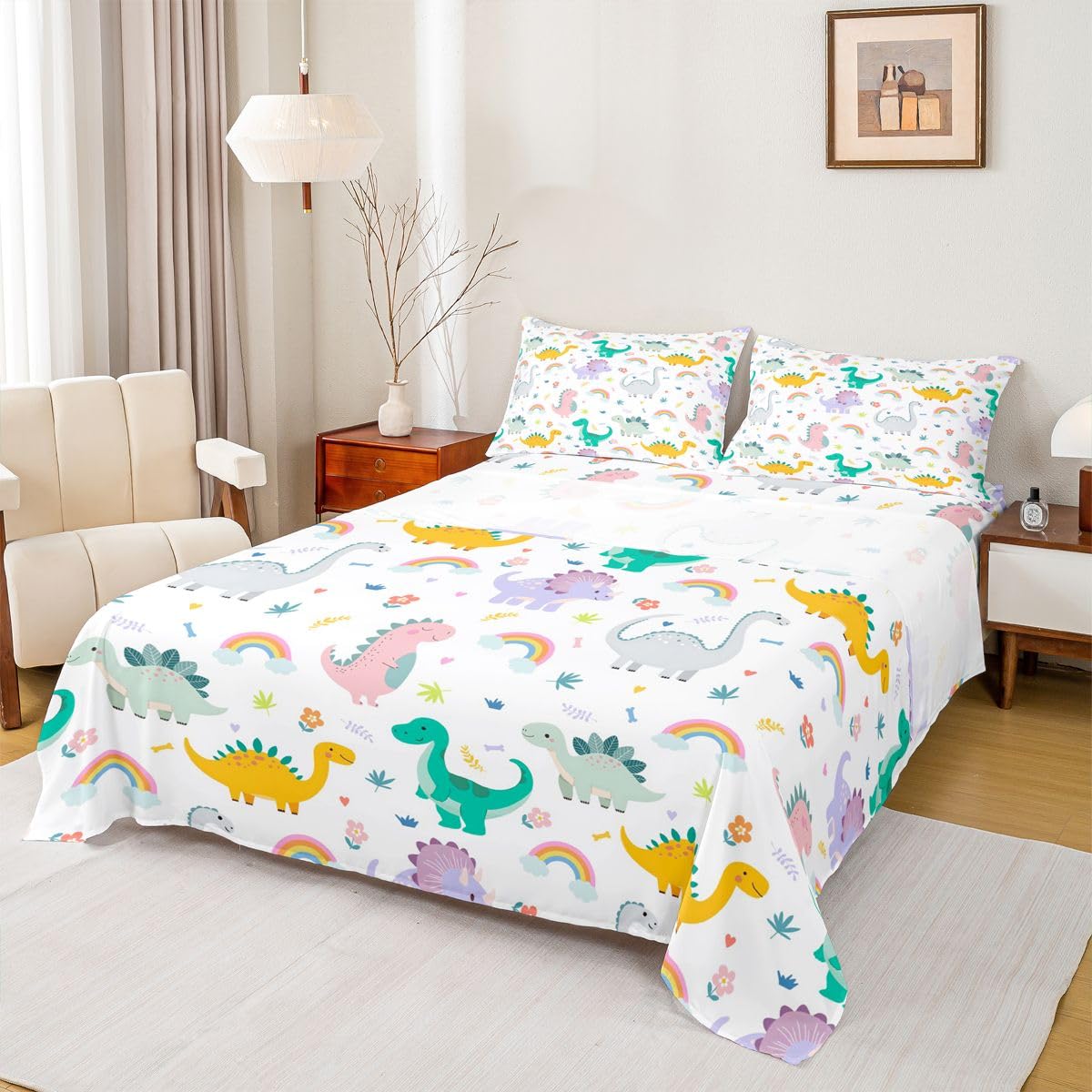 Homewish Juego de sábanas de dinosaurio verde y blanco tamaño King