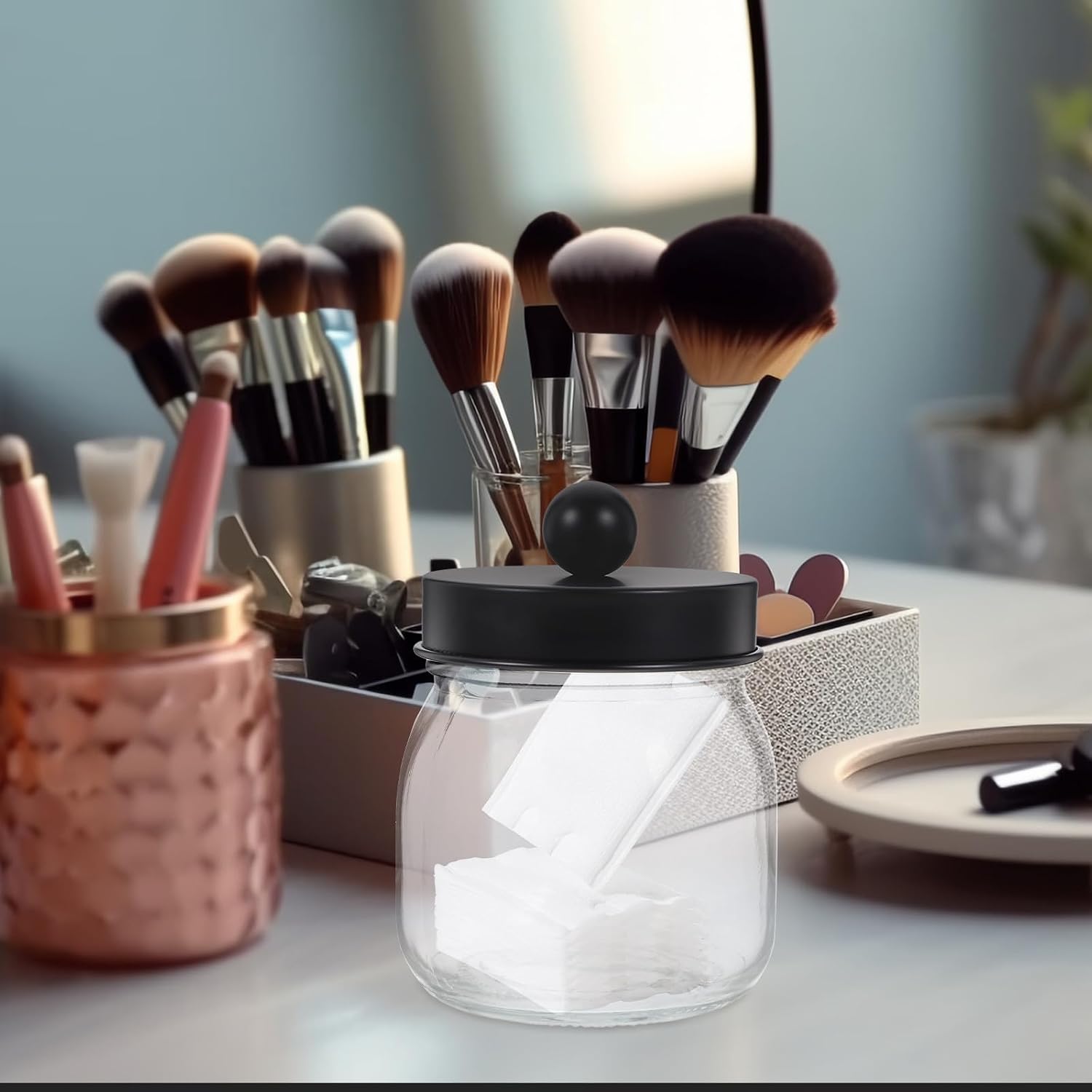 VICASKY 2pcs Glass Cotton Ball and Swab Storage Jars with Black Lids, Vintage French Style Bathroom Canisters for Dustproof Cosmetic and Vanity Organizer