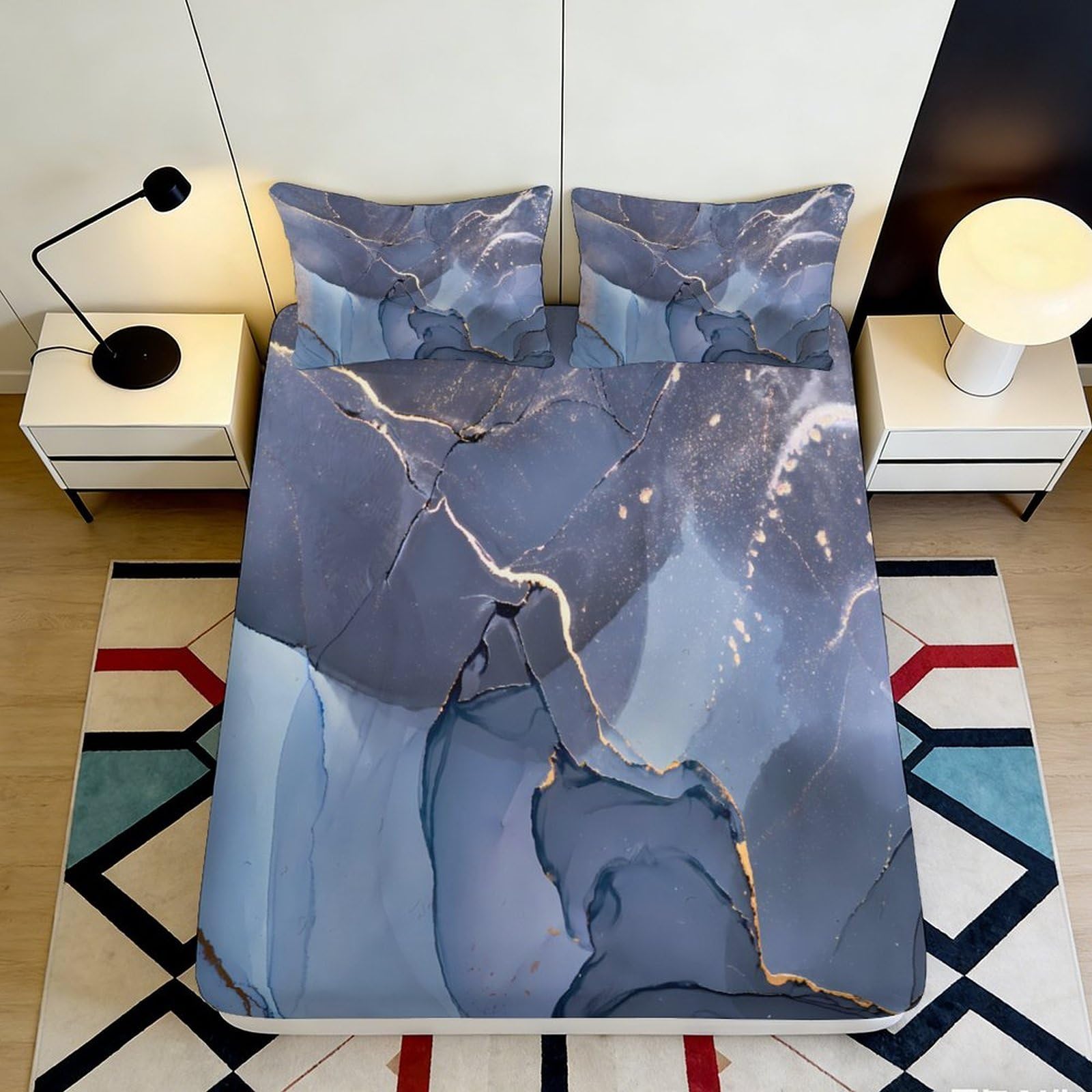 3D Printed Blue Marble Fitted Sheet Microfiber Non Slip Abstract Vein Mattress Cover for Bedroom Guest Room Decor 160x200x25cm