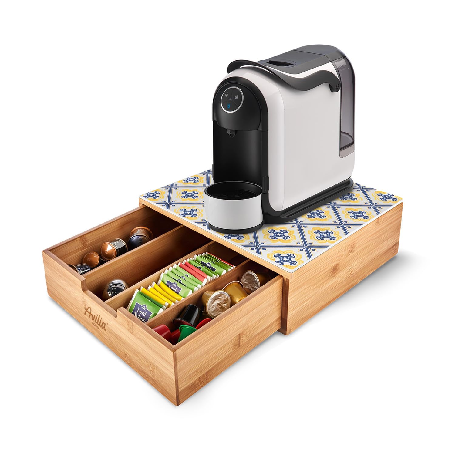 Avilia - Porta Cialde Caffè e Porta Capsule in Bambù con Ripiano in Vetro Maioliche di Sorrento, Organizer per Angolo Caffè e Tè 30x30x10cm, Elegante e Compatto per Casa e Ufficio