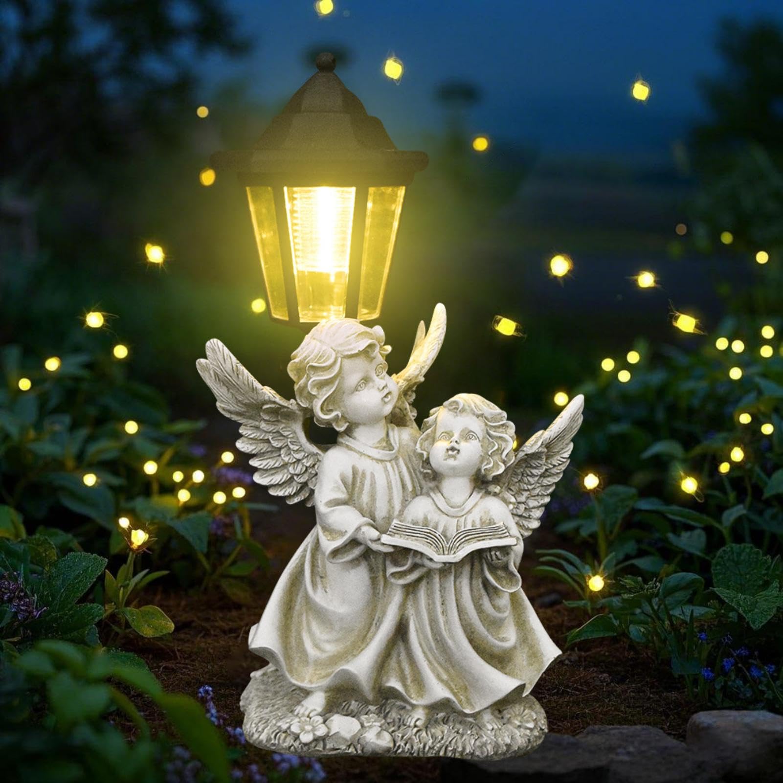 Solar Engel Gartenstatuen - Schutzengel Figuren mit Solarlampen, Wetterfest Grabschmuck für Friedhof, Engel Skulptur Grablicht Deko Außen, Rasen, Hof, Terrasse, Fensterbank, 33cm (Stil 1)